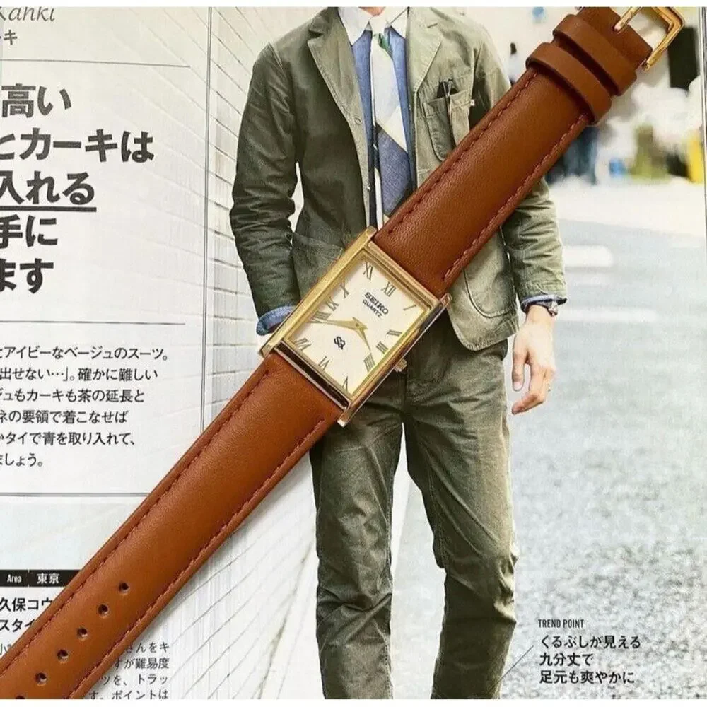 Vintage Style Seiko Quartz Mens Gold Watch & White accents W/ Leather Strap